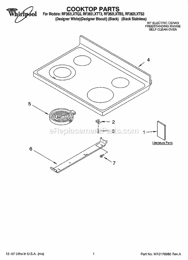 Whirlpool RF362LXTS3 Freestanding Electric Cooktop Parts Diagram