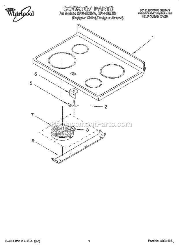 Whirlpool RF364BXEZ1 Freestanding Electric Cooktop Diagram