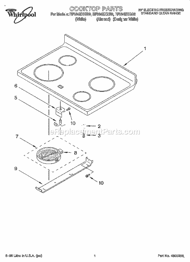 Whirlpool RF364BXGQ0 Freestanding Electric Range Cooktop Diagram