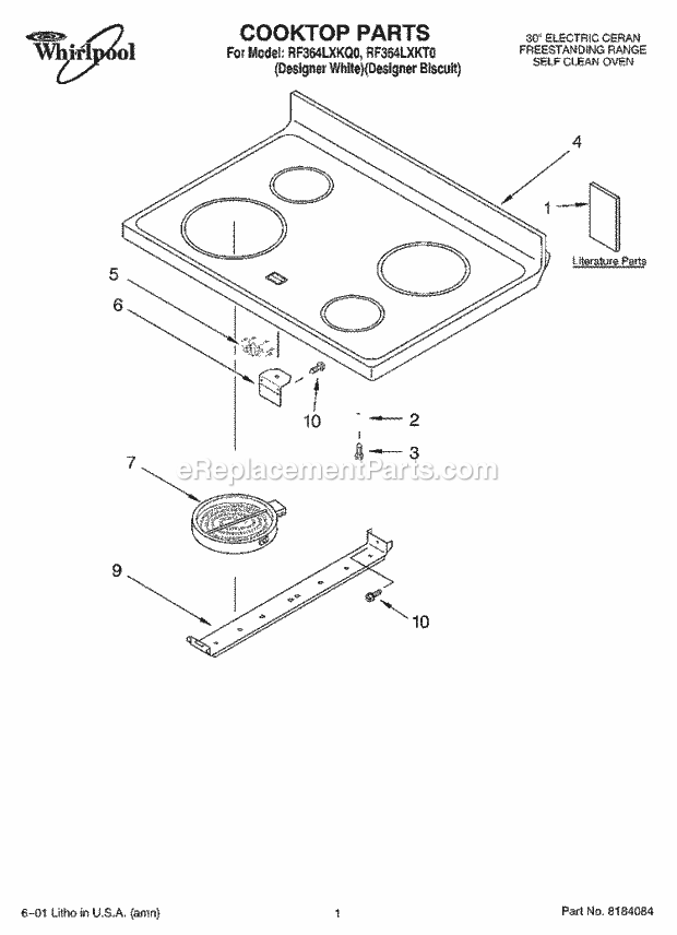 Whirlpool RF364LXKQ0 Freestanding Electric Range Cooktop, Literature Diagram