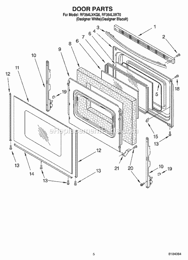 Whirlpool RF364LXKQ0 Freestanding Electric Range Door Diagram