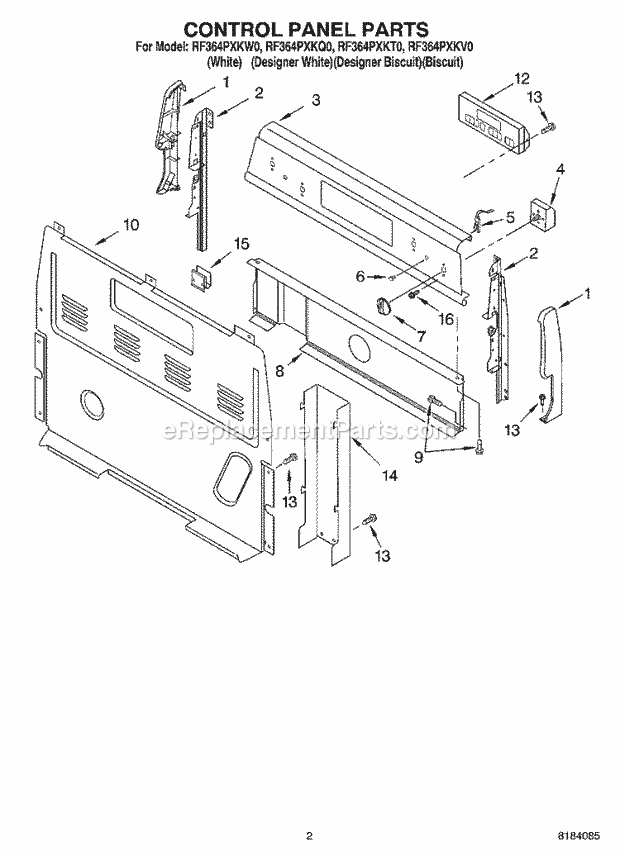 Whirlpool RF364PXKT0 Freestanding Electric Range Control Panel Diagram