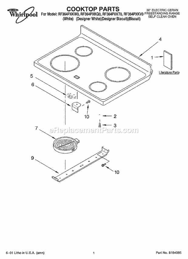 Whirlpool RF364PXKT0 Freestanding Electric Range Cooktop, Literature Diagram