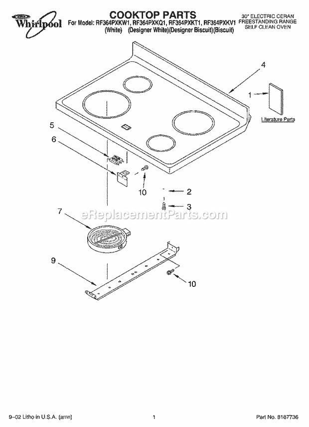 Whirlpool RF364PXKW1 Freestanding Electric Cooktop, Literature Diagram