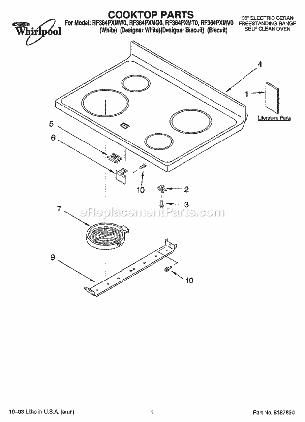 Whirlpool RF364PXMV0 Freestanding Electric Cooktop Parts Diagram