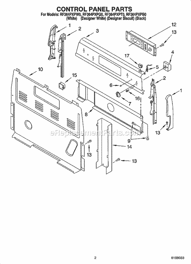 Whirlpool RF364PXPB0 Freestanding Electric Control Panel Parts Diagram