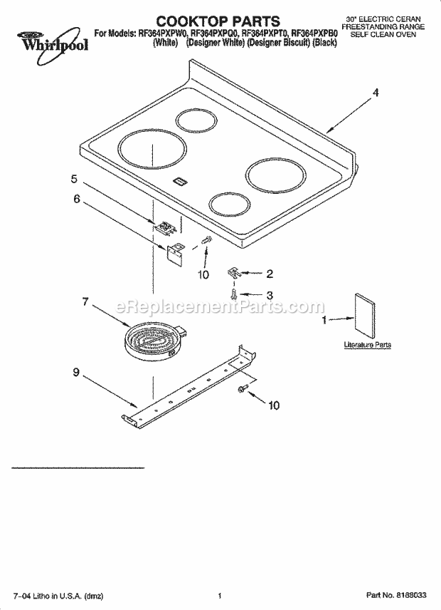 Whirlpool RF364PXPB0 Freestanding Electric Cooktop Parts Diagram