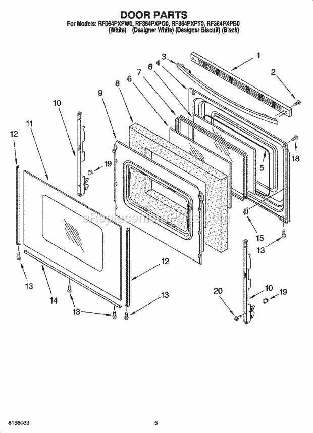 Whirlpool RF364PXPB0 Freestanding Electric Door Parts Diagram