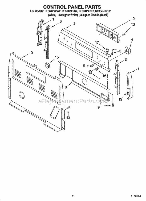 Whirlpool RF364PXPT2 Freestanding Electric Control Panel Parts Diagram