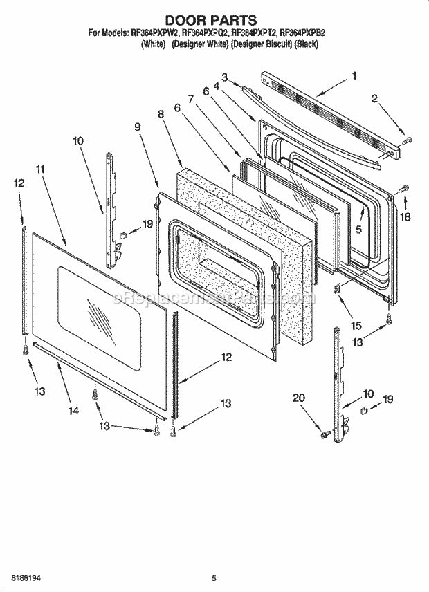 Whirlpool RF364PXPT2 Freestanding Electric Door Parts Diagram