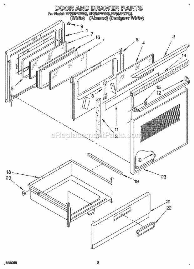 Whirlpool RF364PXYN3 Freestanding Electric Range Door and Drawer Diagram