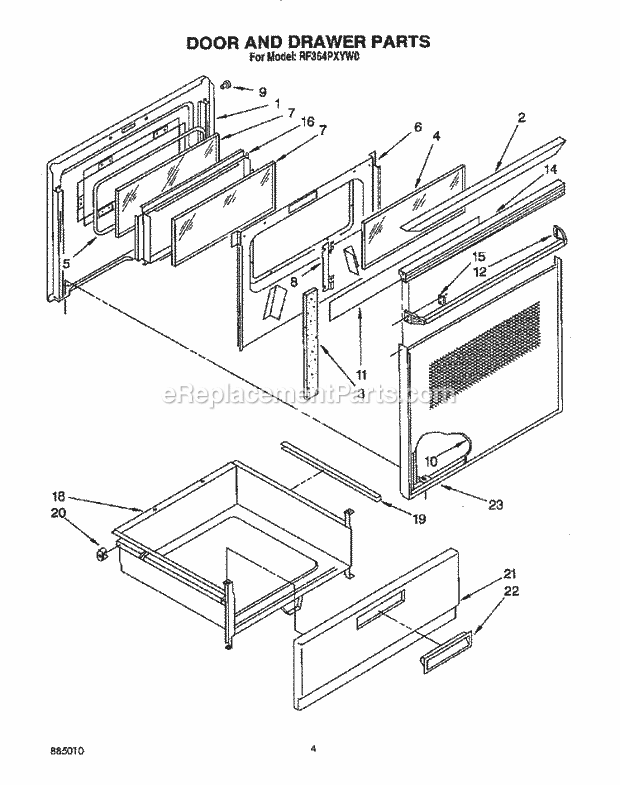 Whirlpool RF364PXYQ0 Range Door and Drawer Diagram