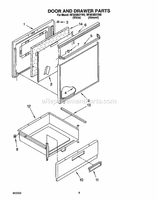 Whirlpool RF365BXYW0 Freestanding Electric Range Door and Drawer Diagram