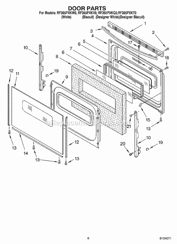 Whirlpool RF365PXKV0 Freestanding Electric Range Door, Optional Diagram