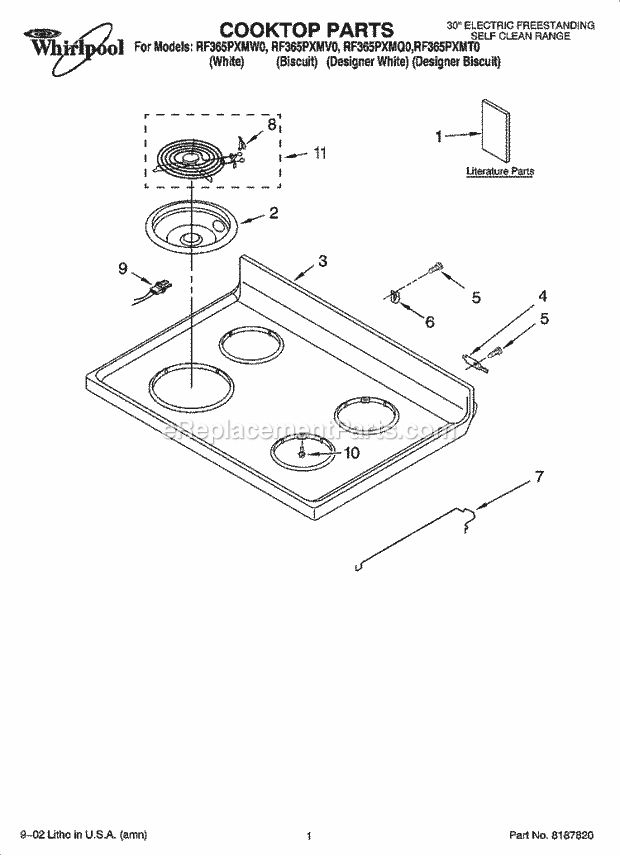 Whirlpool RF365PXMQ0 Freestanding Electric Range Cooktop Parts Diagram