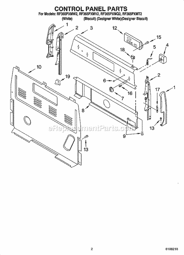 Whirlpool RF365PXMT2 Freestanding Electric Control Panel Parts Diagram