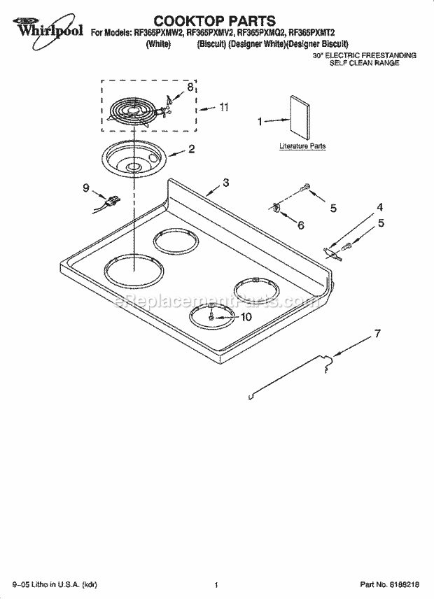 Whirlpool RF365PXMT2 Freestanding Electric Cooktop Parts Diagram