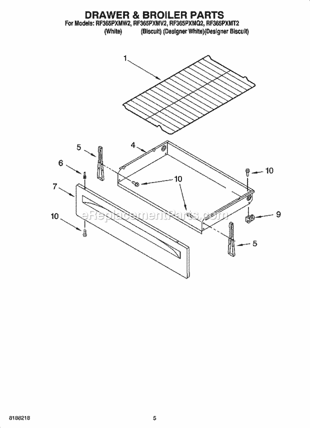 Whirlpool RF365PXMT2 Freestanding Electric Drawer & Broiler Parts Diagram