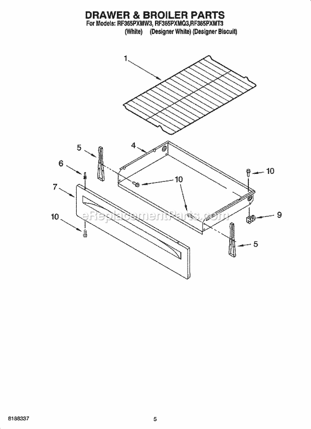 Whirlpool RF365PXMT3 Freestanding Electric Drawer & Broiler Parts Diagram