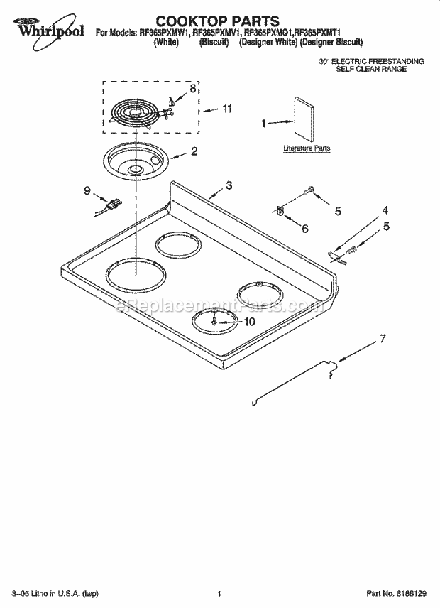 Whirlpool RF365PXMV1 Freestanding Electric Cooktop Parts Diagram