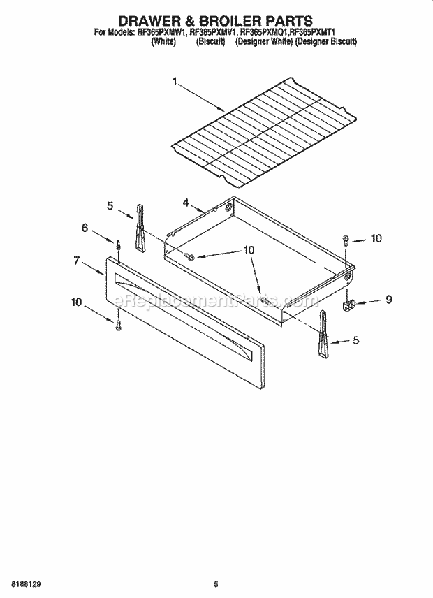 Whirlpool RF365PXMV1 Freestanding Electric Drawer & Broiler Parts Diagram