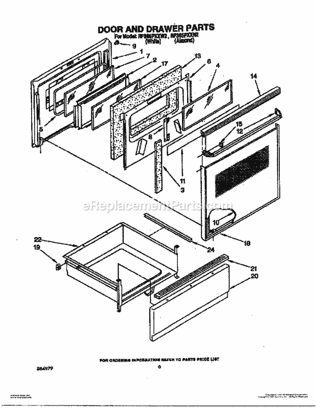 Whirlpool RF365PXXN2 Electric Range Door and Drawer Diagram