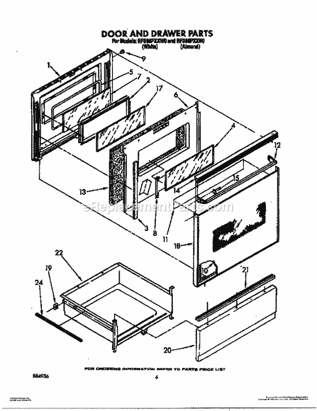 Whirlpool RF365PXXW0 Electric Range Door and Drawer Diagram