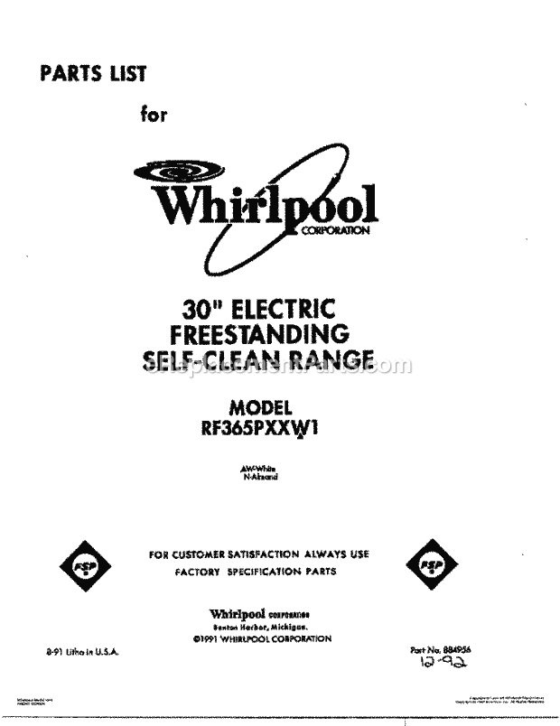 Whirlpool RF365PXXW1 Electric Range Page G Diagram