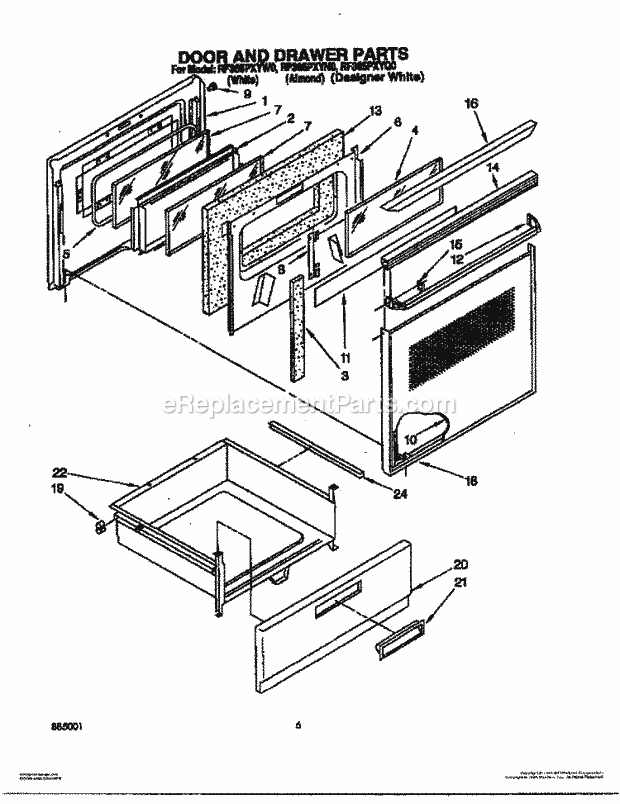 Whirlpool RF365PXYQ0 Electric Range Door and Drawer Diagram