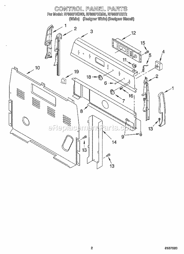 Whirlpool RF366PXGQ2 Freestanding Electric Range Control Panel Diagram