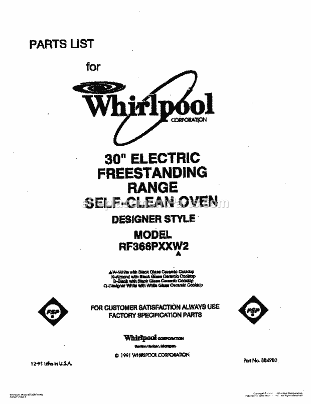 Whirlpool RF366PXXB2 Freestanding Electric Range Page F Diagram