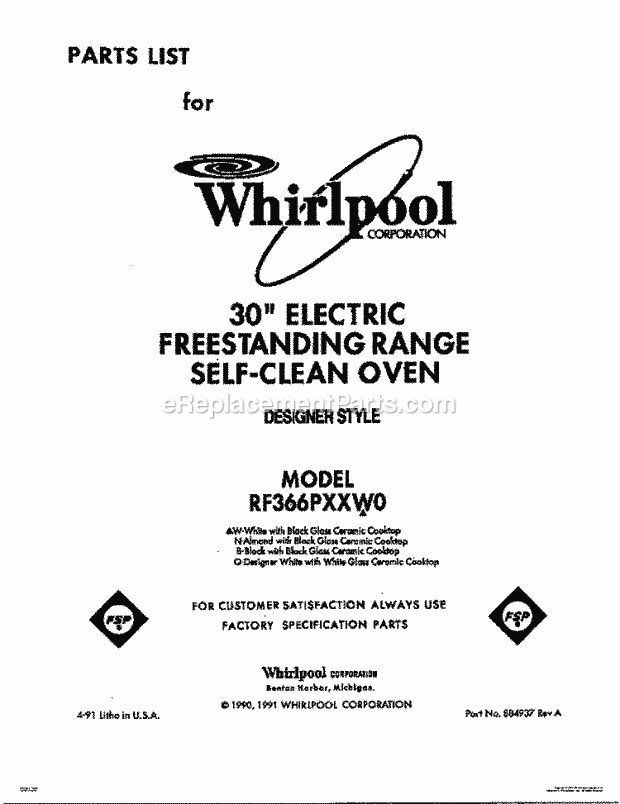 Whirlpool RF366PXXN0 Freestanding Electric Range Page F Diagram