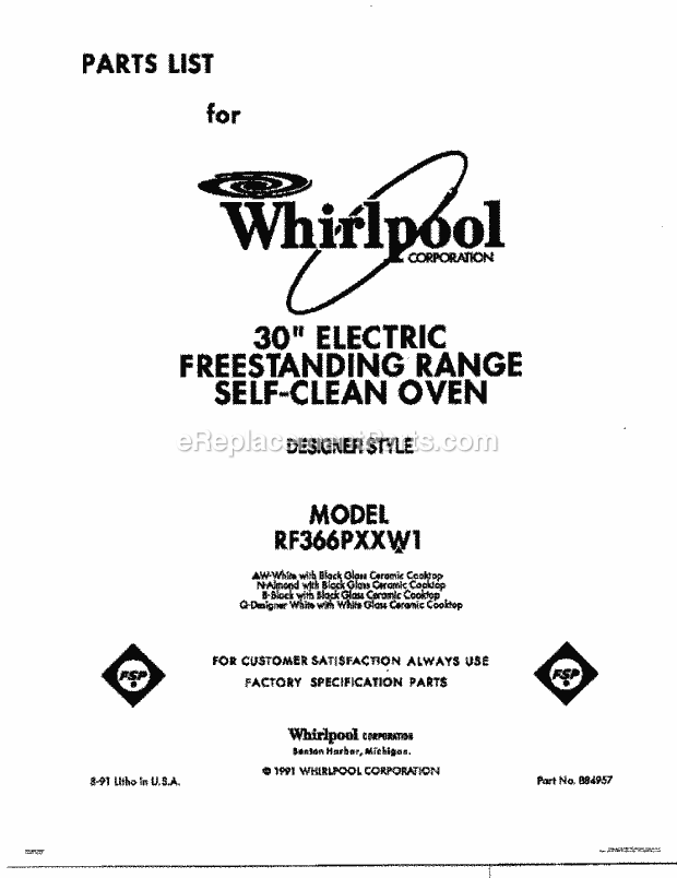 Whirlpool RF366PXXN1 Range Page F Diagram