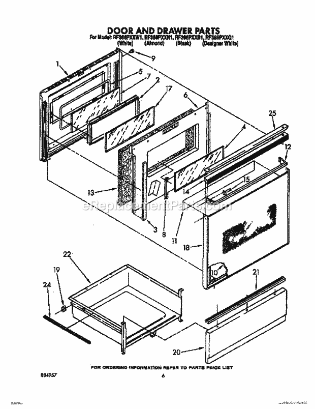 Whirlpool RF366PXXW1 Electric Range Door and Drawer Diagram