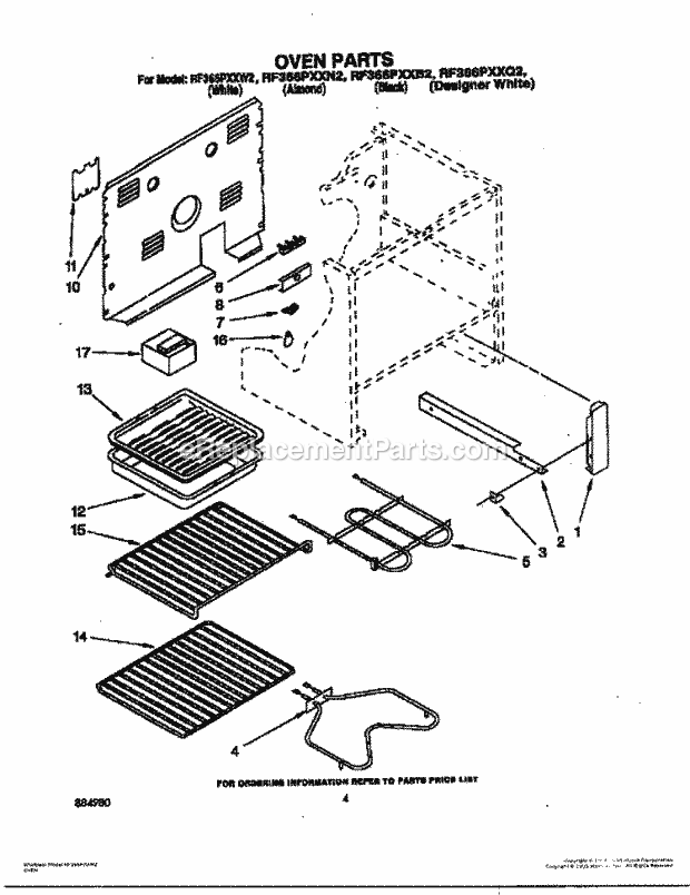 Whirlpool RF366PXXW2 Freestanding Electric Range Oven Diagram