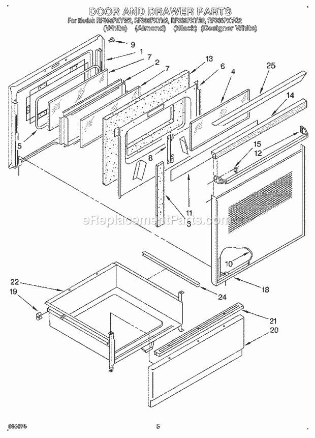 Whirlpool RF366PXYB2 Range Door and Drawer Diagram