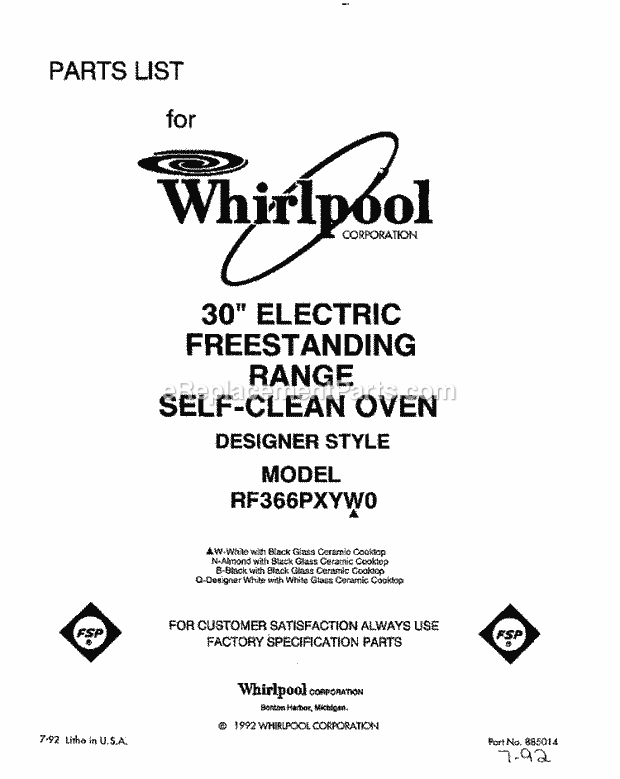 Whirlpool RF366PXYW0 Electric Range Page F Diagram