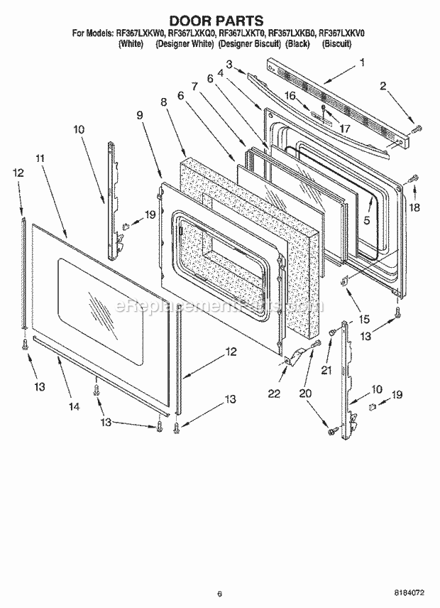 Whirlpool RF367LXKQ0 Freestanding Electric Range Door Diagram