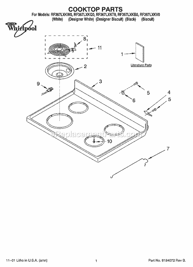 Whirlpool RF367LXKT0 Freestanding Electric Range Cooktop, Literature Diagram