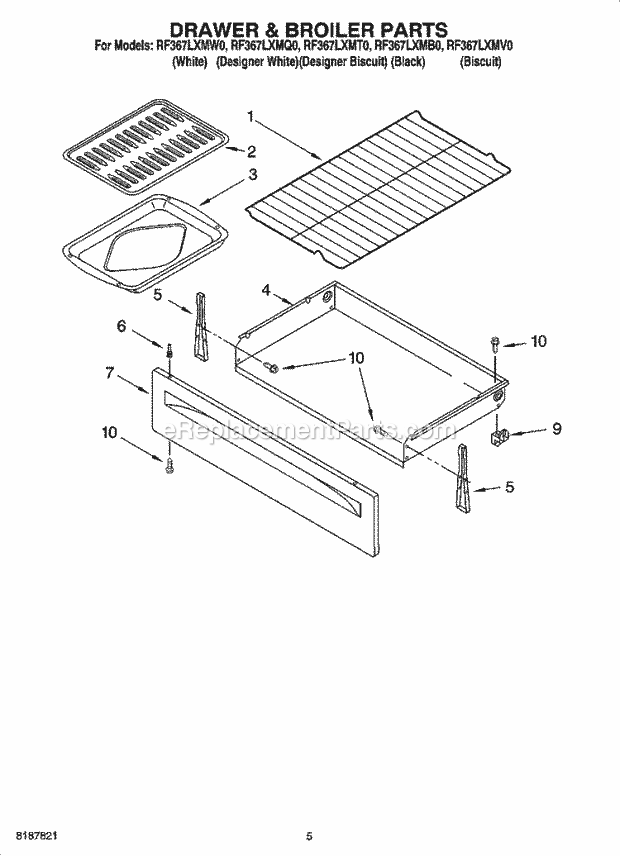 Whirlpool RF367LXMV0 Freestanding Electric Range Drawer & Broiler Parts Diagram