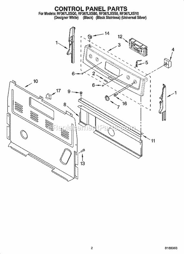 Whirlpool RF367LXSQ0 Freestanding Electric Range Control Panel Parts Diagram