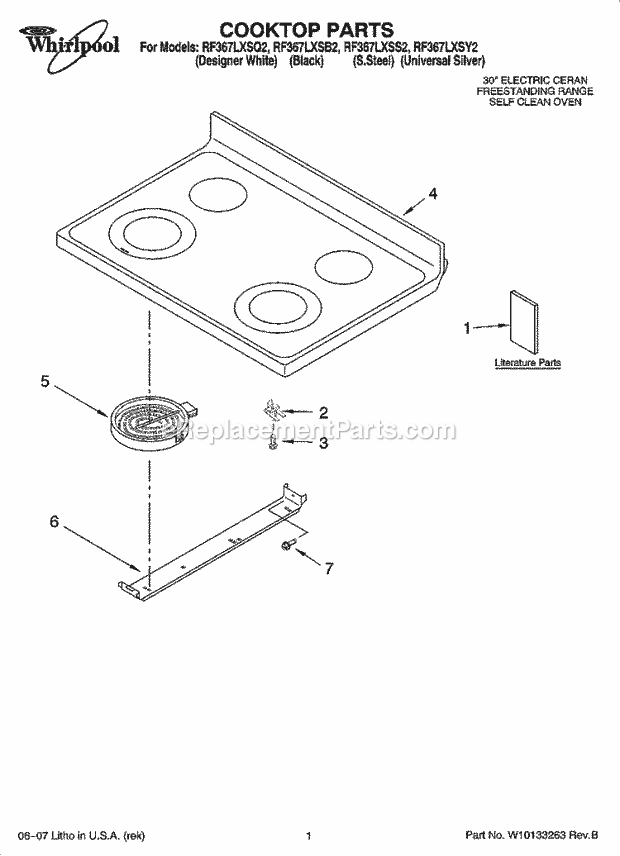 Whirlpool RF367LXSY2 Freestanding Electric Cooktop Parts Diagram