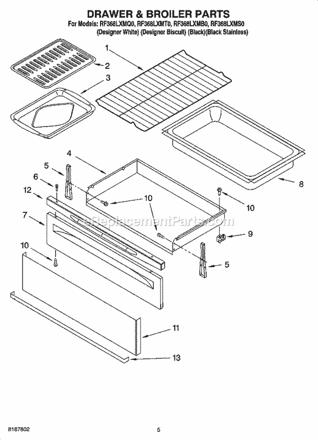 Whirlpool RF368LXMT0 Freestanding Electric Drawer & Broiler Parts Diagram