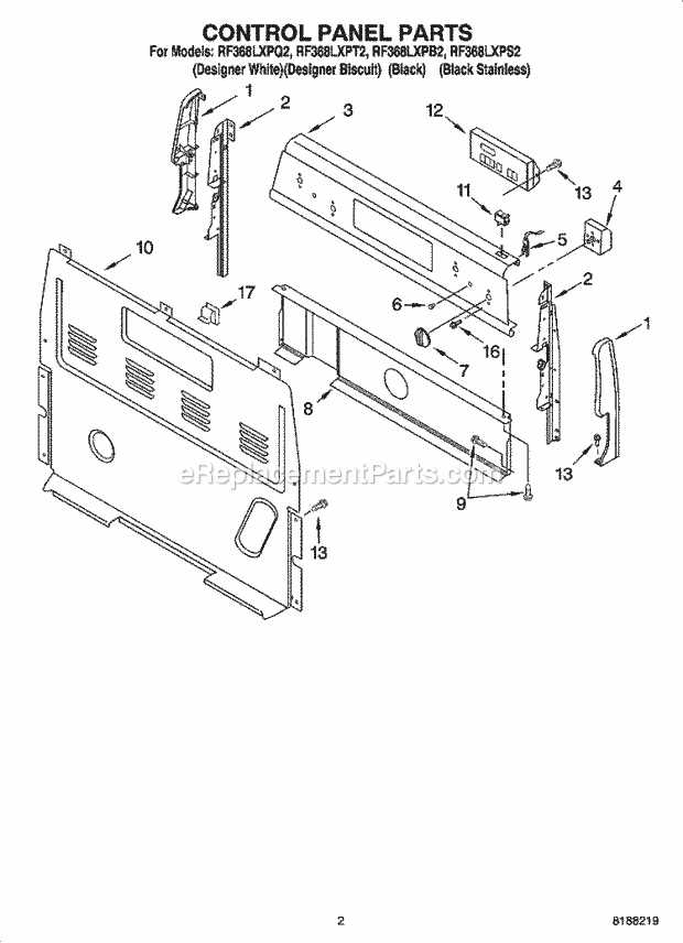 Whirlpool RF368LXPB2 Freestanding Electric Control Panel Parts Diagram