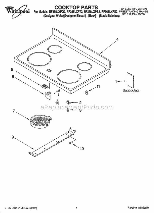 Whirlpool RF368LXPB2 Freestanding Electric Cooktop Parts Diagram