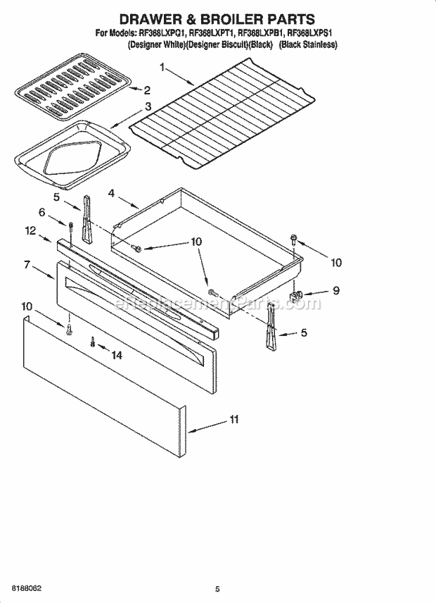 Whirlpool RF368LXPQ1 Freestanding Electric Drawer & Broiler Parts Diagram