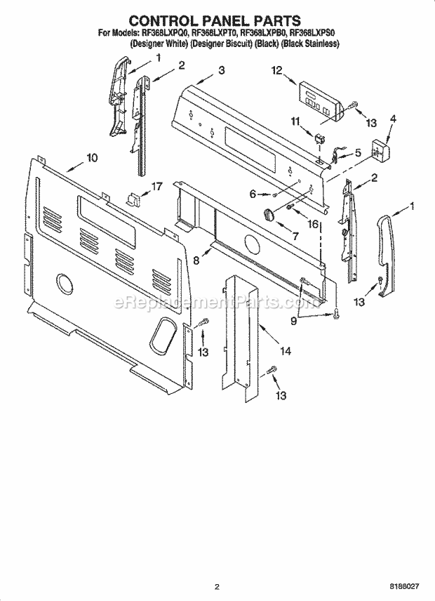 Whirlpool RF368LXPS0 Freestanding Electric Control Panel Parts Diagram