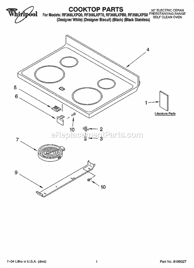 Whirlpool RF368LXPS0 Freestanding Electric Cooktop Parts Diagram