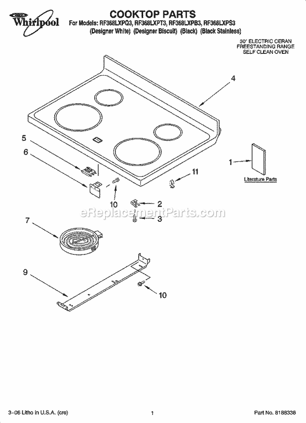 Whirlpool RF368LXPT3 Freestanding Electric Cooktop Parts Diagram