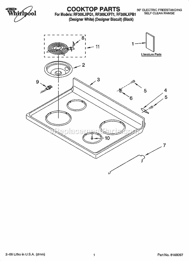 Whirlpool RF369LXPB1 Freestanding Electric Cooktop Parts Diagram